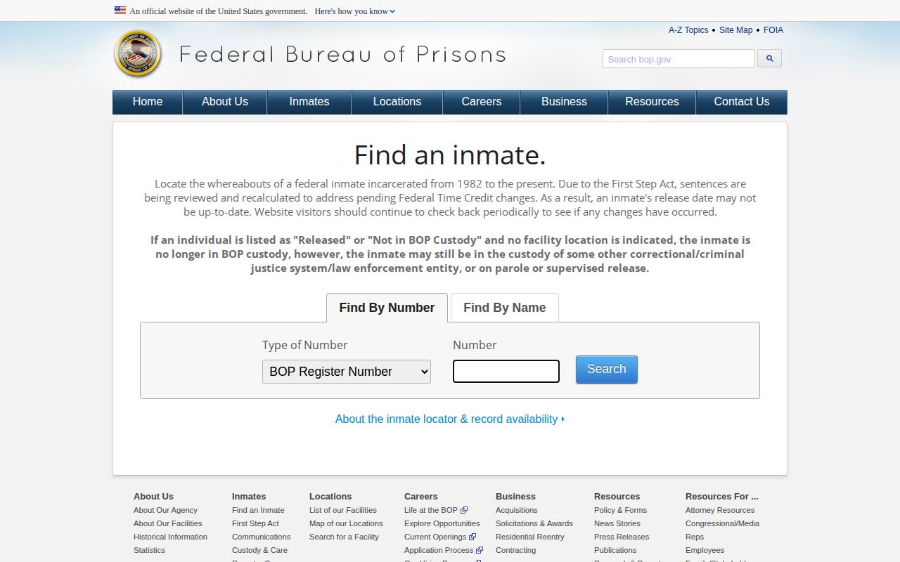 Federal BOP inmate locator used to check Oklahoma-related federal custody