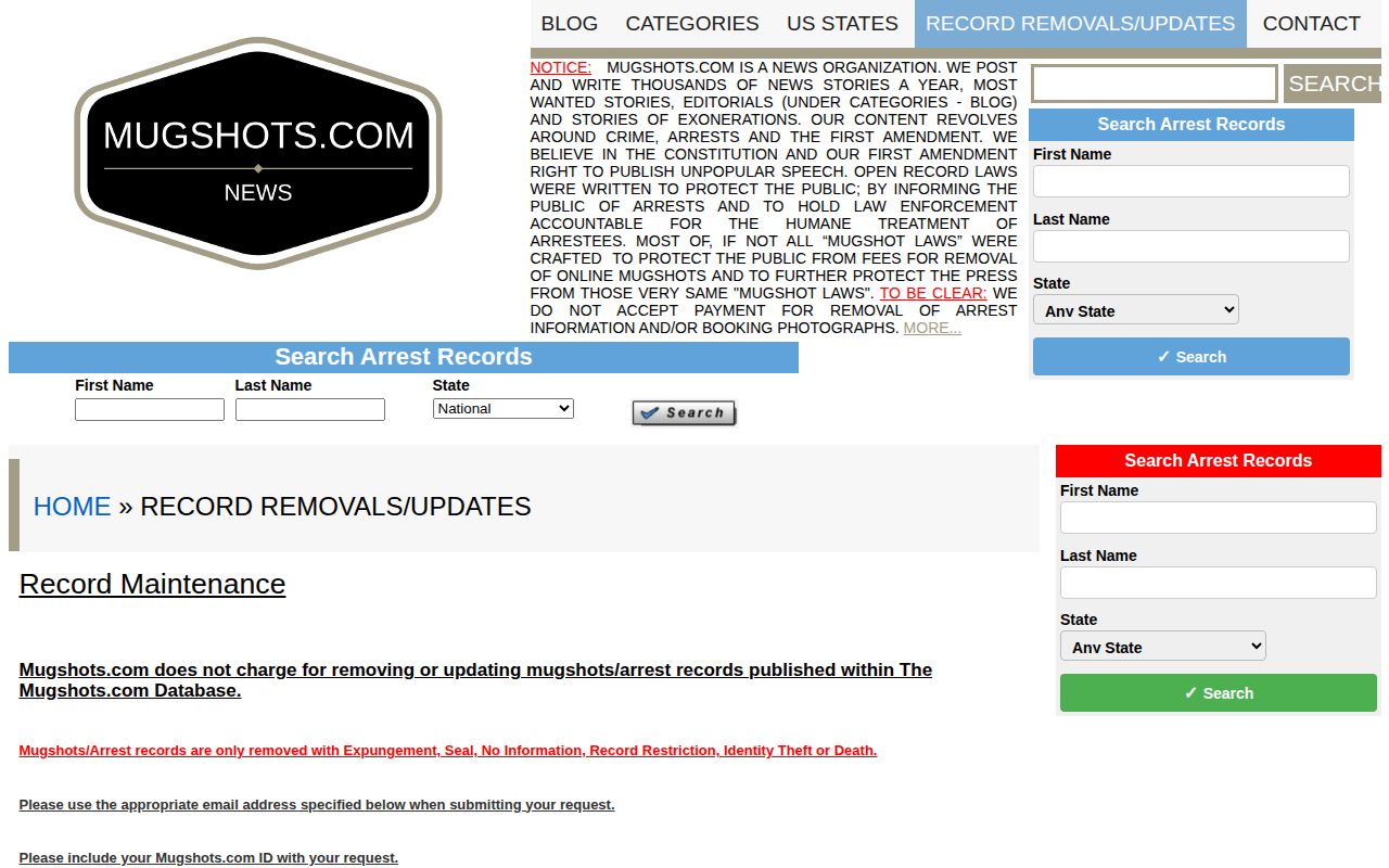 Mugshots.com free record maintenance policy for corrections and updates