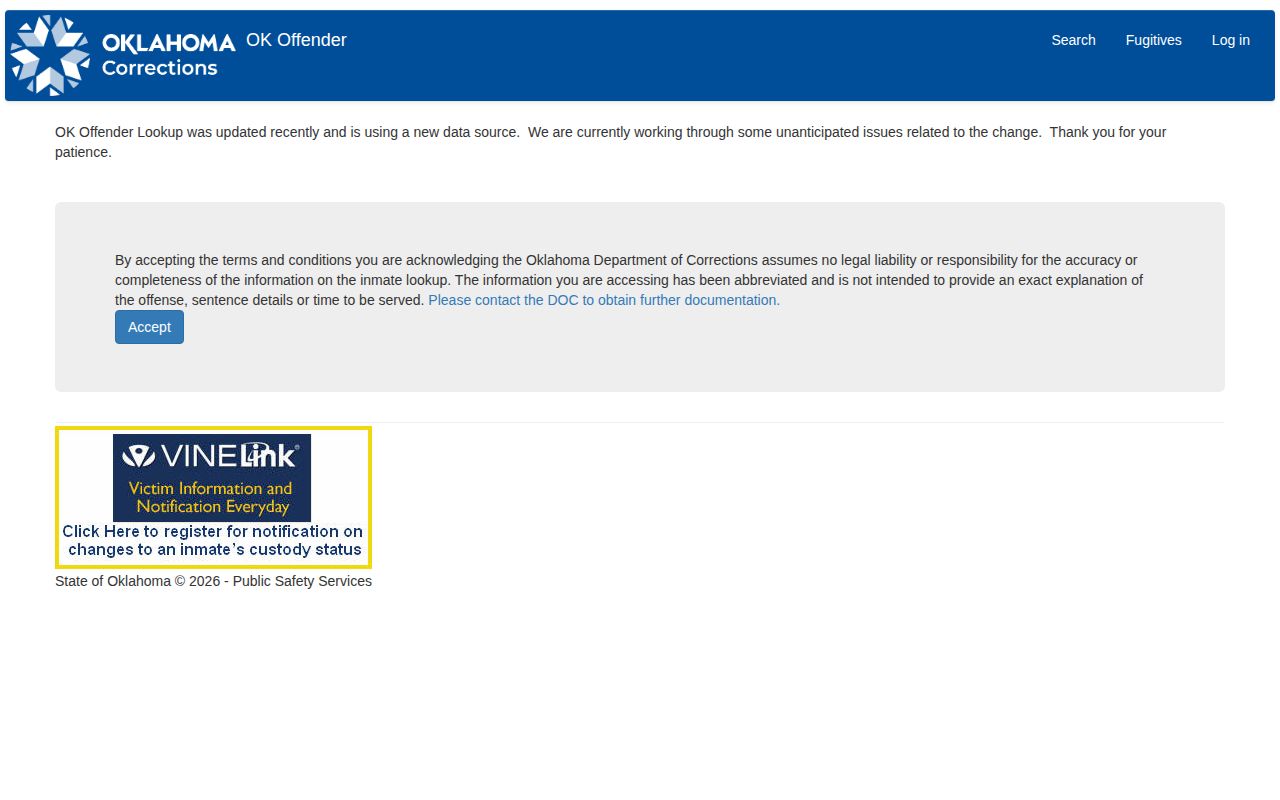 ODOC offender search interface for Oklahoma state custody records