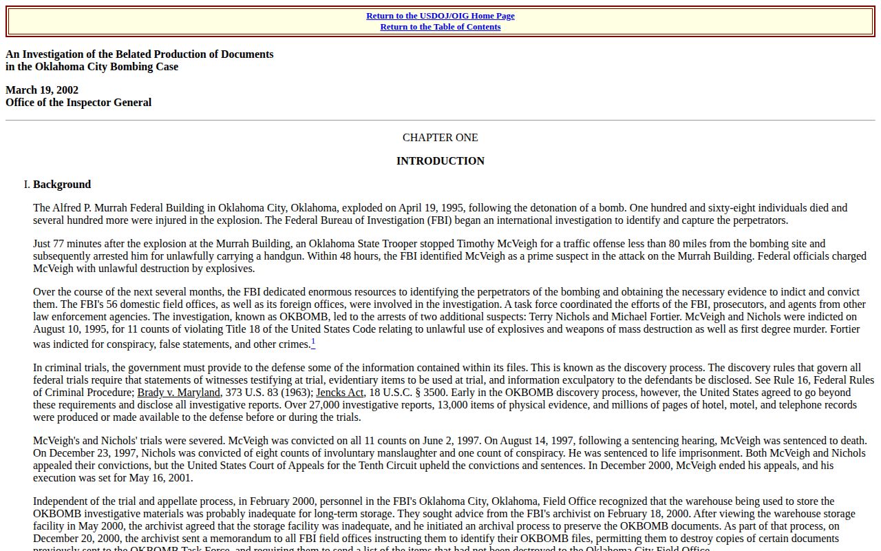 Oklahoma federal archival report view describing the McVeigh arrest and OKBOMB record trail