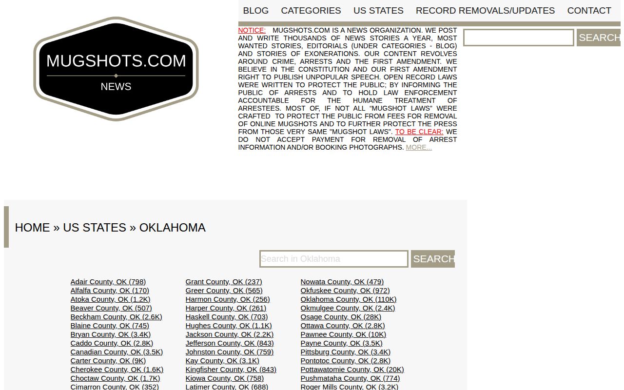 Mugshots.com Oklahoma index showing the publisher's disclaimer and booking-record information