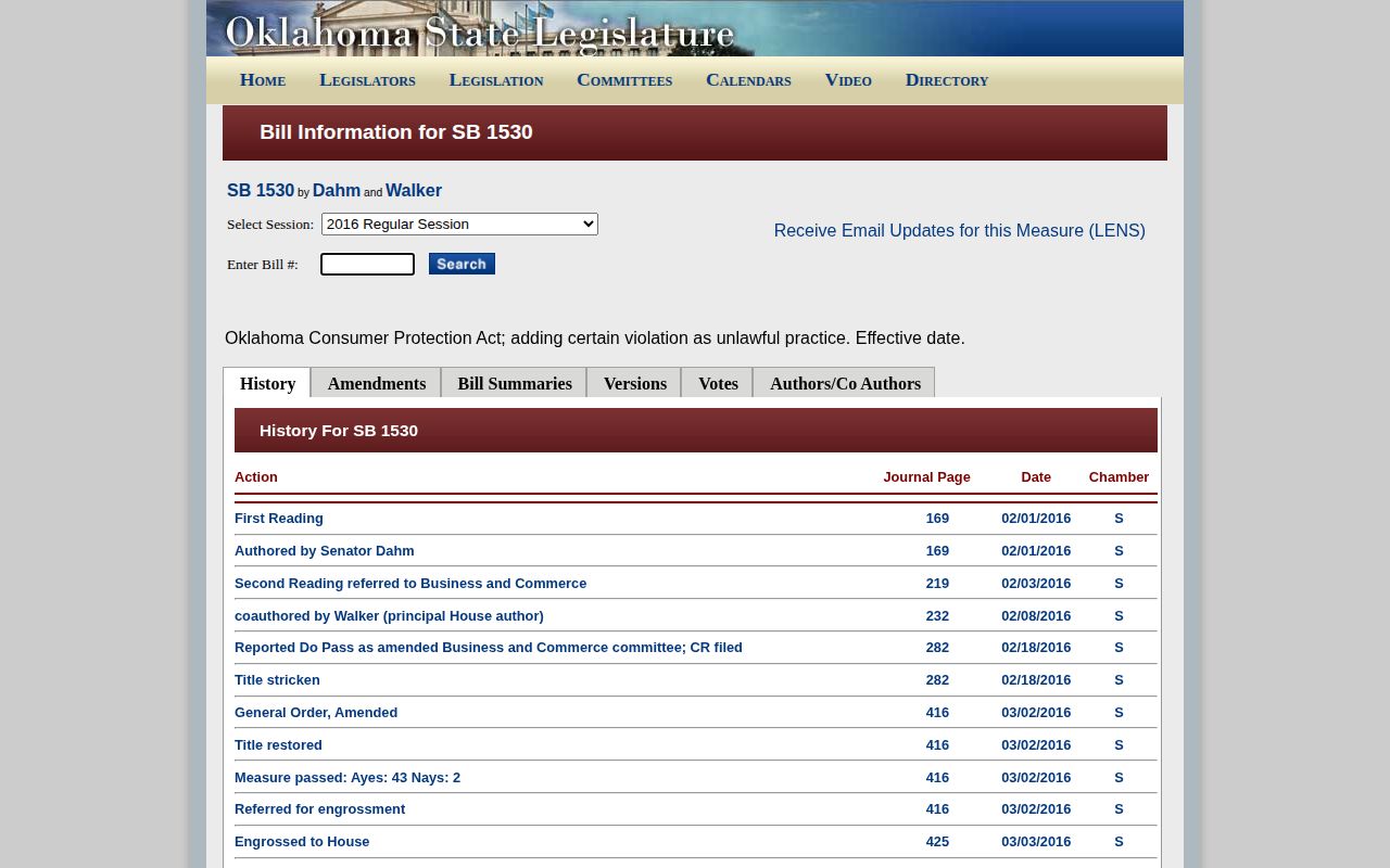Oklahoma SB 1530 bill history showing a proposed mugshot rule