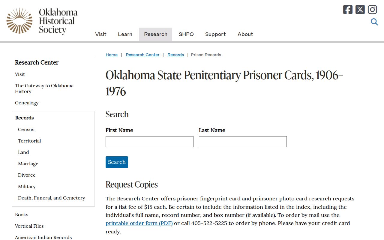 Oklahoma Historical Society search interface for historical state-prisoner picture cards and records