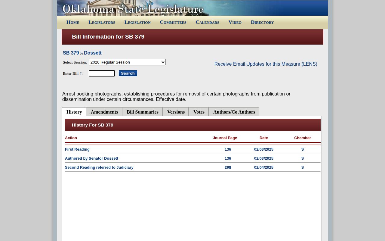 Oklahoma Legislature bill history showing SB 379 remained at introduction and referral