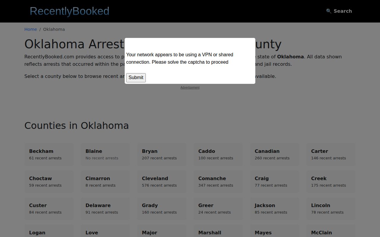 RecentlyBooked Oklahoma county index displaying the provider's state and local arrest-record navigation